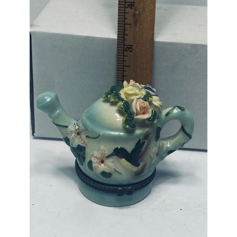 Vintage Porcelain Hinged Trinket Box Watering Can Hummingbird BumbleBee Flowers